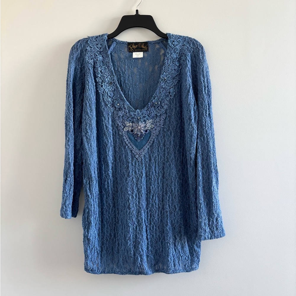 Vintage Phun Shirts Blouse Blue Lace Embroidered Beaded Top Women S USA Romantic